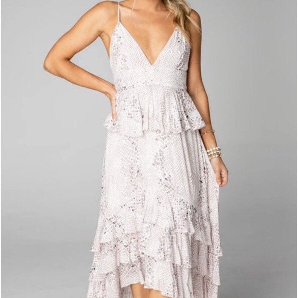 New Buddy Love Ruffled High Low Snakeskin Print Ruffle Dress Plunging Neck Large